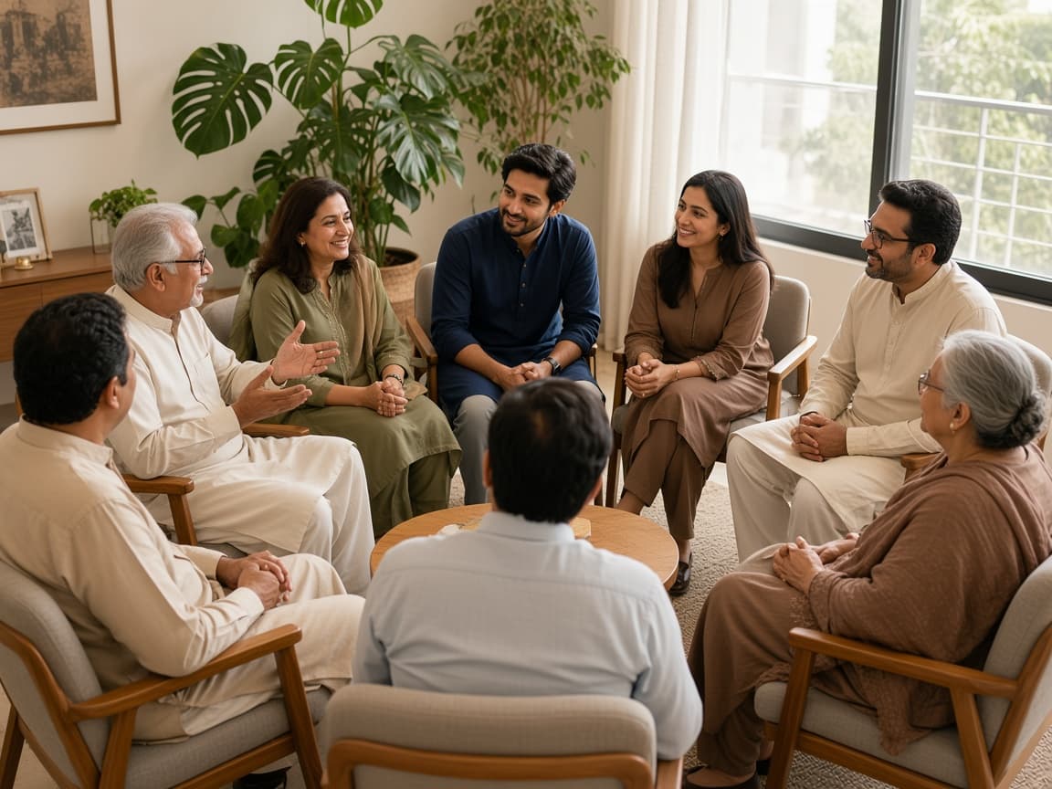 Pakistani people sitting in a circle indoors, sharing and listening together