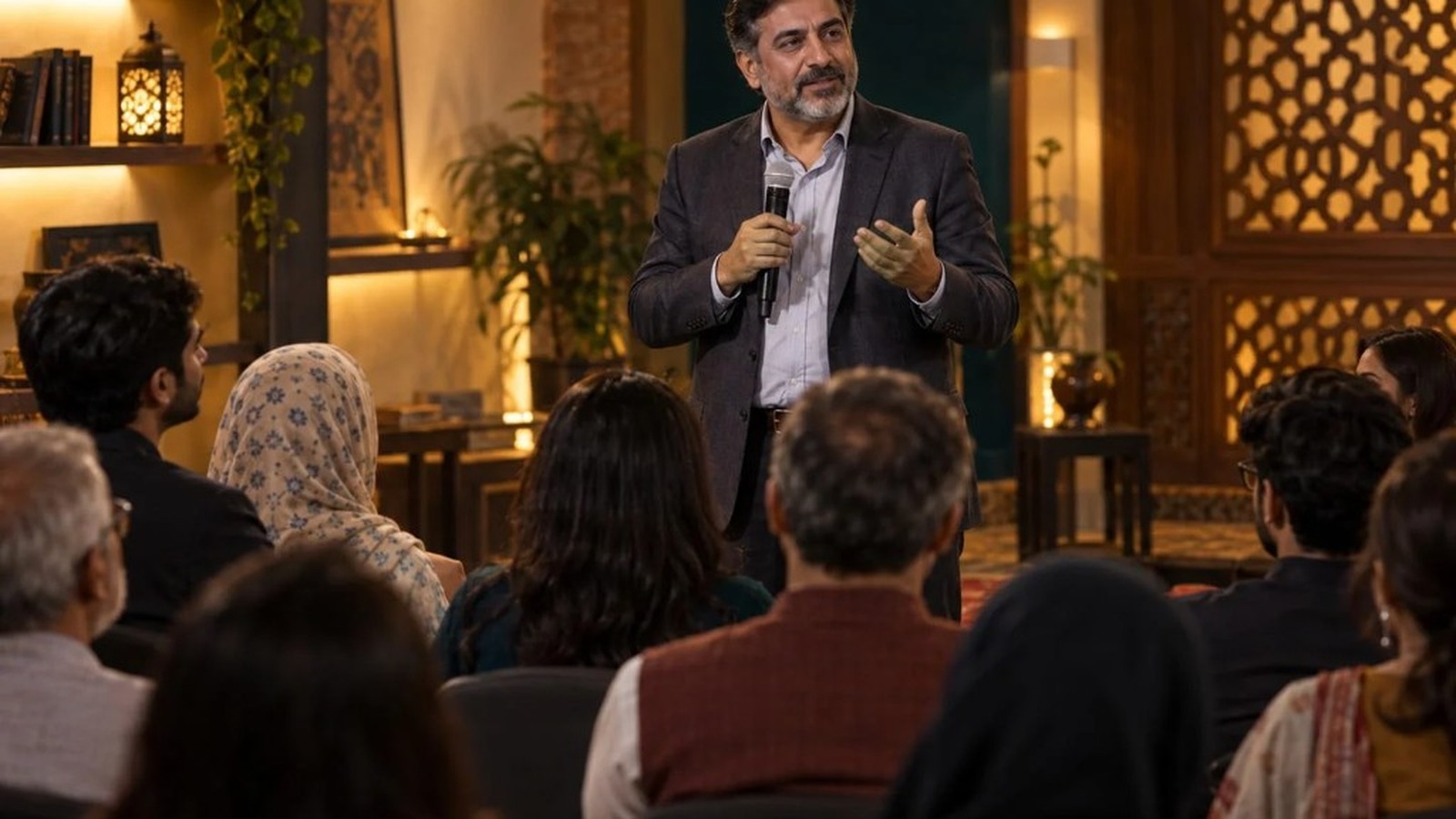A man speaking with a microphone to an audience