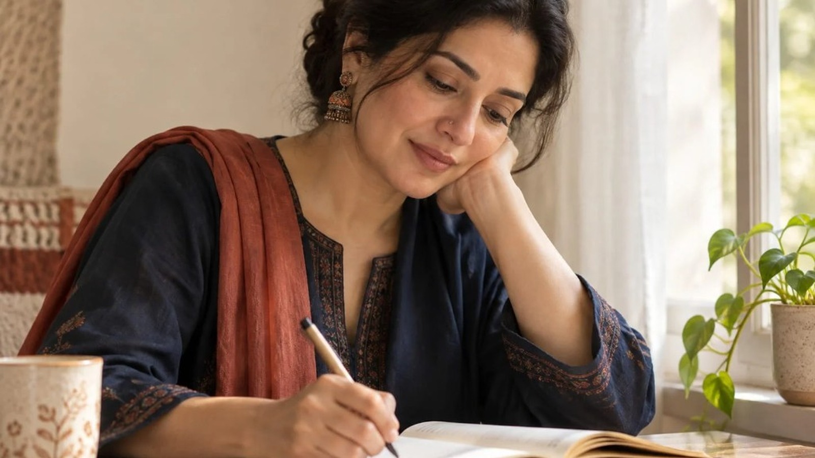 A woman writing thoughtfully in a journal