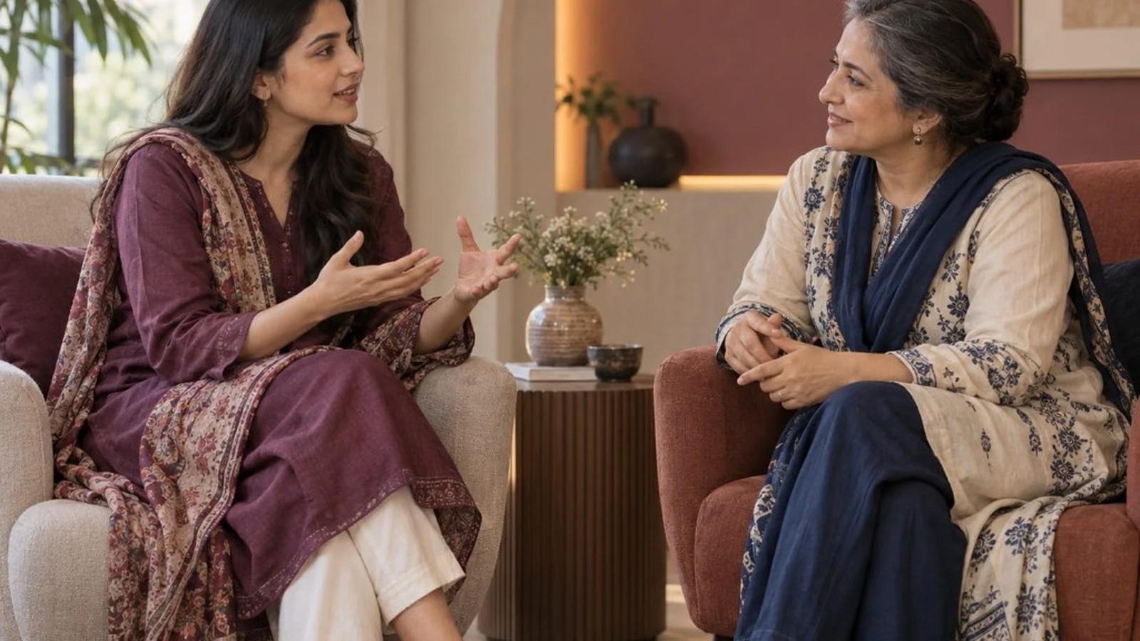 Two women in conversation, sharing lived experience