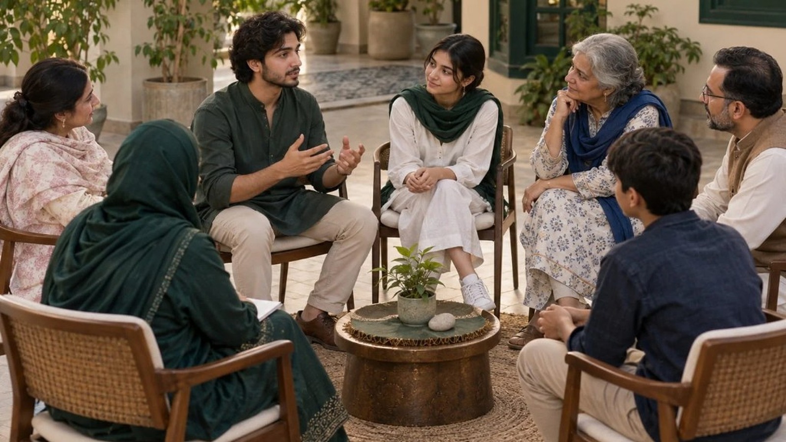 A multi-generational group sharing conversation in a circle