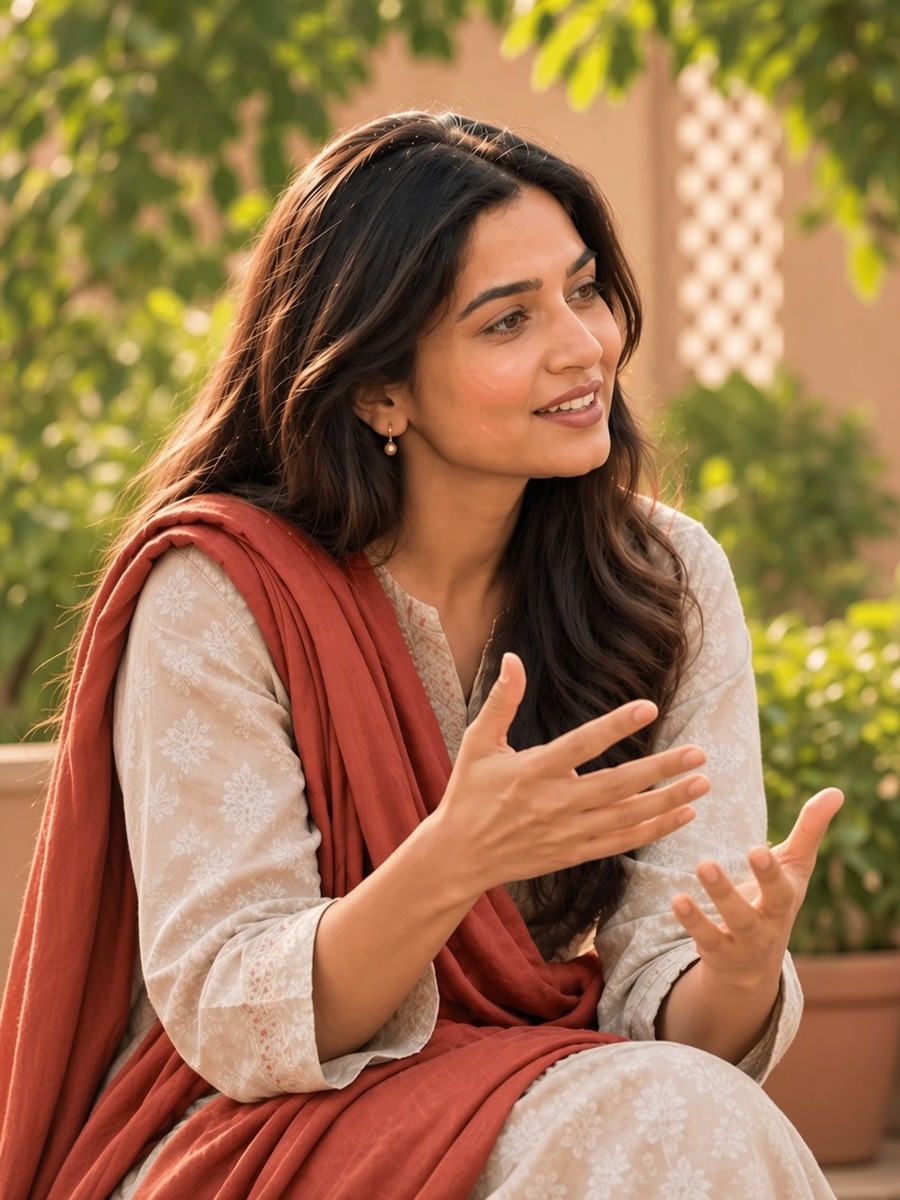A young woman speaking and gesturing during a conversation outdoors