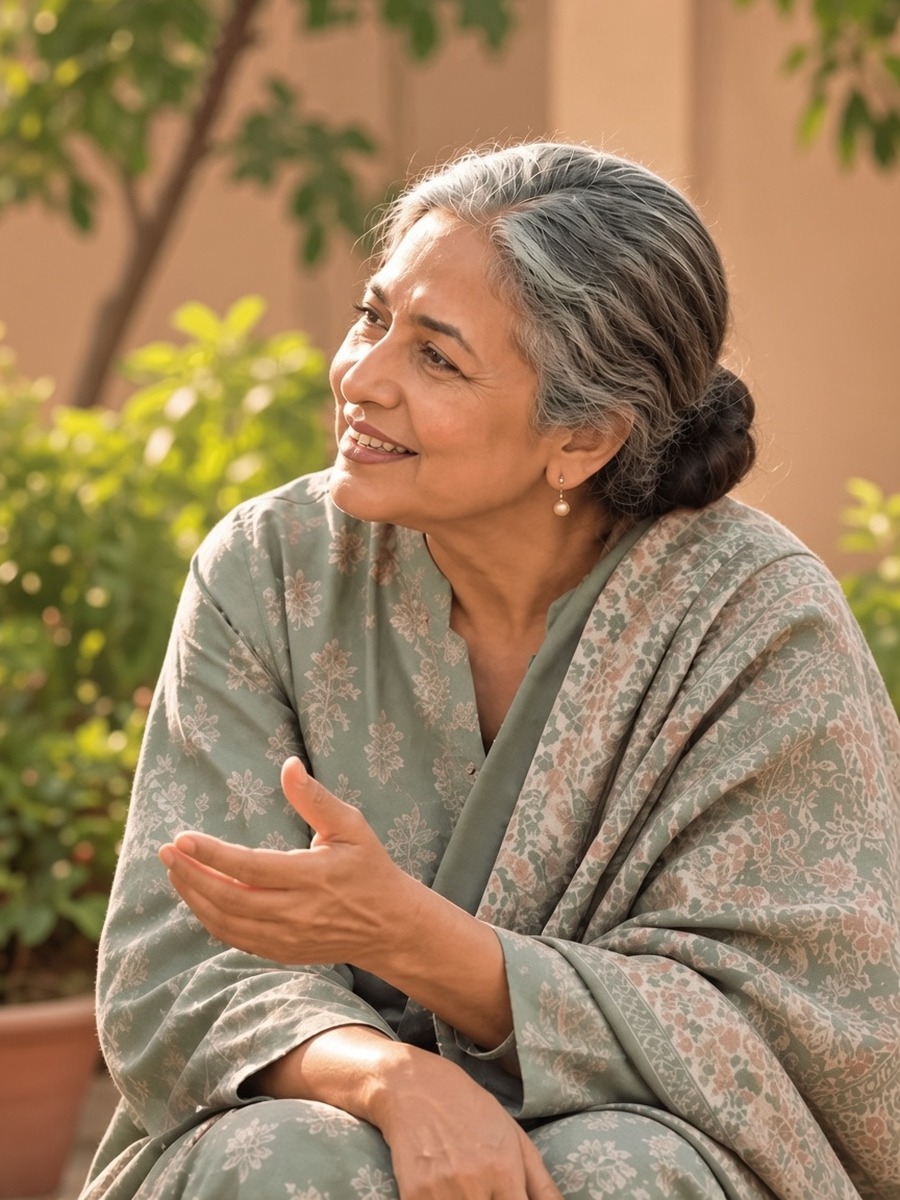 An older woman smiling and gesturing during a conversation outdoors