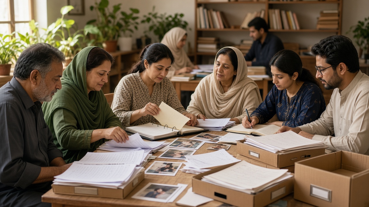 Pakistani community members carefully organizing journals and photos into shared learning archives