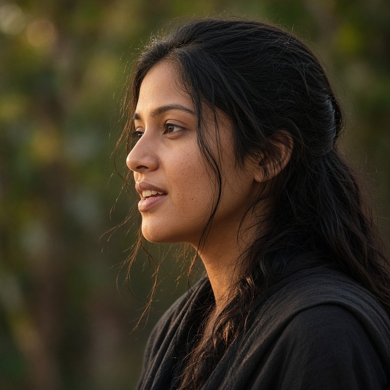 A person speaking outdoors in profile