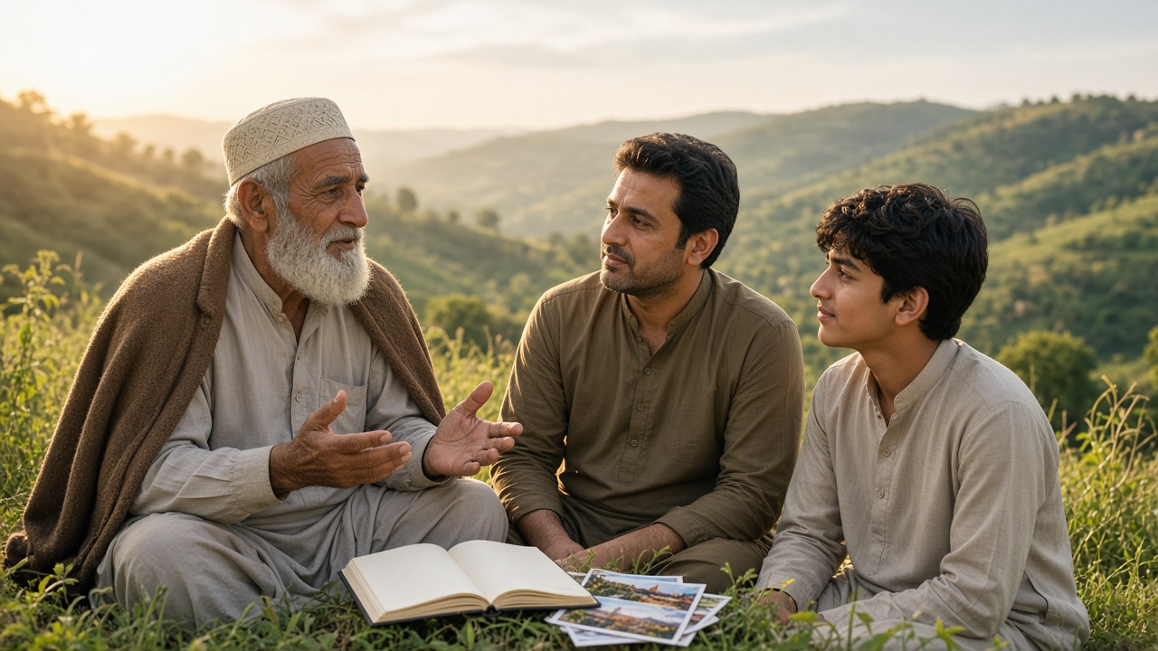 A Pakistani elder sharing lived experience with younger listeners outdoors