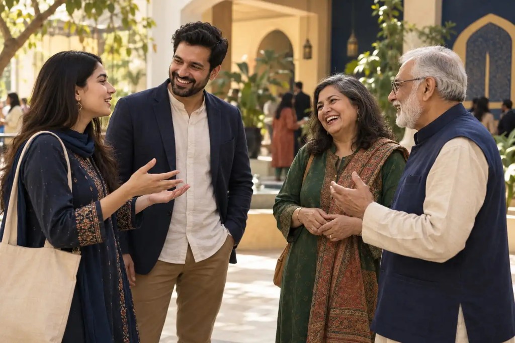 Four people laughing and talking together in a sunlit courtyard