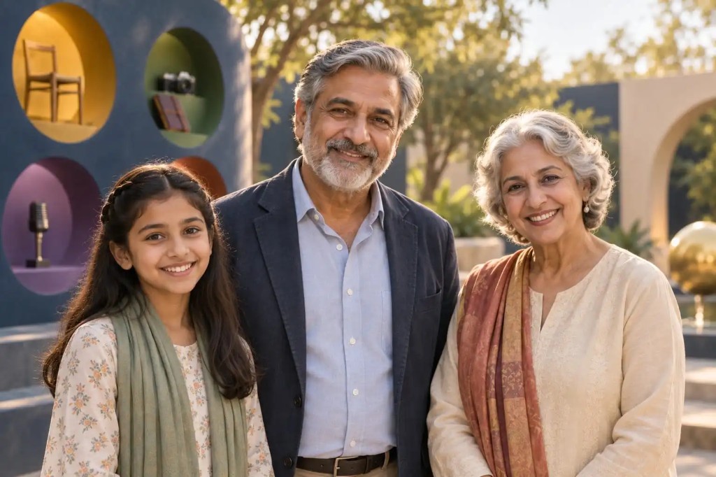 Three generations smiling together in a bright community courtyard